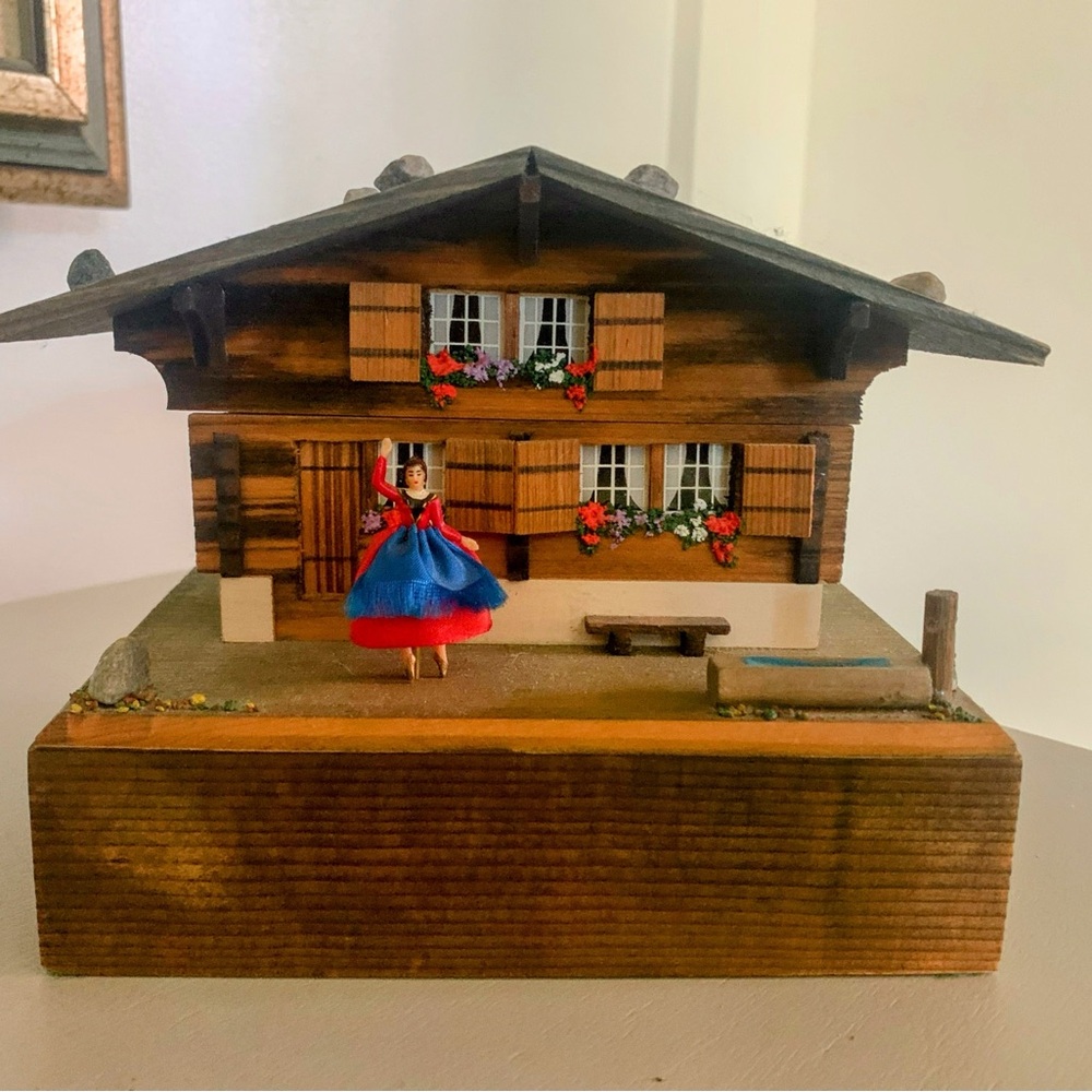 Vintage Swiss Reuge Dancing Ballerina Music Box Automaton Switzerland Chalet